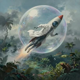 hyperrealist painting of a skinny grey scientist rocketing out of a bubble in the sky from howl's moving castle ( 2 0 0 4 ) high above the jungle. moody, misty, depth perception.