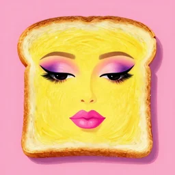 a painting of a perfect yellow piece of toast wearing eye shadow and pink lipstick, on a pink background. vibrant, digital art.