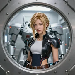 Beautiful stunning portrait of Aerith Gainsborough by Greg Rutkowski. Aerith is hiding from a Shinra robot in the Reactor Core by Mark Arian. The Reactor Core is dark and stark and industrial by H.R. Giger. soft render, octane, highly detailed painting by Moebius. artstation Blank Canvas Scene by Tetsuya Nomura.