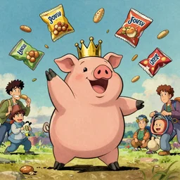 trippy comic art of a obese pig wearing a gold crown throwing snack bags into the air, drawn by Martin Rowson, Tim Burton, Studio Ghibli, Alex Pardee, Nekro Petros Afshar, James McDermott, colors by lisa frank, unstirred paint, vivid color, cgsociety 4K