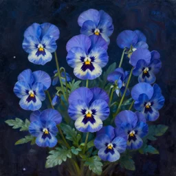 beautiful _ digital _ oil _ painting _ of _ whimsical _ botanical _ illustration _ beautiful pansies and blue _ flowers _ enchanted _ dark _ background _ dark _ contrast _ by _ android _ jones _ synthwave