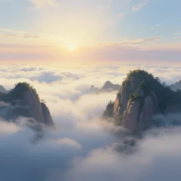 painting of dreamy mountains and sea of clouds, sunlit sky, trending on artstation, super wide angle, concept art, 8 k detail post - processing