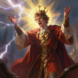 a crazy action painting of a prince as a preacher, lightning bolts, sunbeams. highly detailed, digital painting, artstation, smooth, sharp focus, dynamic lighting by delphin enjolras, ultrarealistic, cinematic, octane render