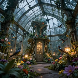 glass greenhouse, alien world, birds, flowers, fairy tale, evening lights, highly detailed, low angle view, artstation, mysterious, comfort, in the style of aetherpunk