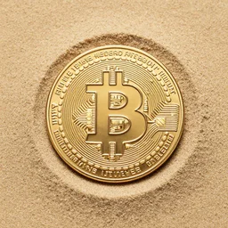 bitcoin from sand, real photo, top down view