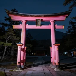 Japanese Torii in the center of the picture , torii in a moutain with trees ,night , by Grzegorz Rutkowski, concept art, pink scheme,horizontal symmetry