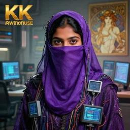 hyperrealist portrait of a young indian american woman wearing a purple niqab, it is decorated with long wires and computer monitors are all over their body within the cyberpunk office background. by jeremy mann and alphonse mucha, fantasy art, photo realistic, dynamic lighting, artstation, poster, volumetric lighting, very detailed faces, 8 k, award winning