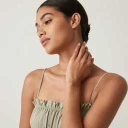 olive skinned female model in her twenties, wearing sundress, looking content, focused on her neck, photo realistic, extreme detail skin, natural beauty, no filter, slr, golden hour, 4 k, high definition, selfie