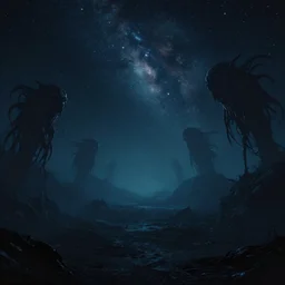 Endless eerie abyss with far stars and cosmic horror creatures floating far away, photorealistic
