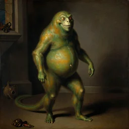 A 17th Century painting of Slimer, full body portrait
