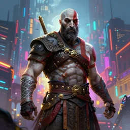 god of war concept art, cyberpunk, colorful, city,