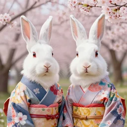 ink on paper portrait of two white bunnies, super realistic, highly detailed, rule of thirds, in colorfull kimonos in the foreground of a surreal environment with cherry blossoms, volumetric light, dof, by greg rutkowski and michael whelan