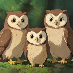 3 d octane render of a family of owlets. the owls have really detailed, fluffy feathers. the colours are by wes anderson, picture by studio ghibli