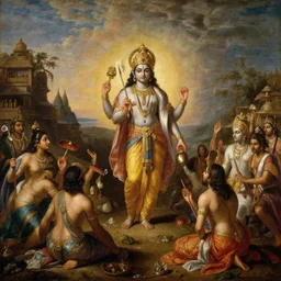 the epic scene from Hindu heaven in Ayodhya from Ramayan, by Canaletto, by Bruce Pennington, by Ambrosius Benson, by Paul Lehr, masterpiece, oil on canvas, trending on artstation, top on pixiv, cinematic composition, dramatic scene, beautiful lighting, sharp, high details, astrophotography, no frames, 8K