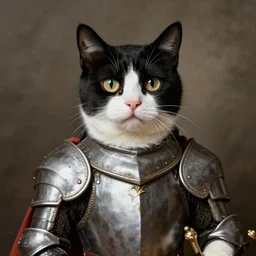 medieval portrait of a black and white cat dressed as a knight, in the style of eugene de blaas