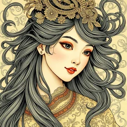 a beautiful portrait of an ancient chinese princess, flowing hair, fantasy, regal, intricate, art nouveau, swirly intricate linework background by stanley artgerm lau, greg rutkowski, victo ngai, alphonse mucha, loish, norman rockwell
