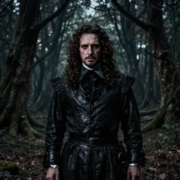 portrait of mournful, dangerous James Frain's  Cromwell as a king of the forrest, dressed in black. The background is a dark, creepy eastern europen forrest.  night, horroristic shadows, high contrasts, lumnious, theatrical, character concept art by ruan jia, thomas kinkade, and J.Dickenson, trending on Artstation
