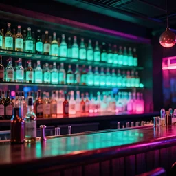 a bar with neon lights and a wall of glowing fluorescent bottles in the background.