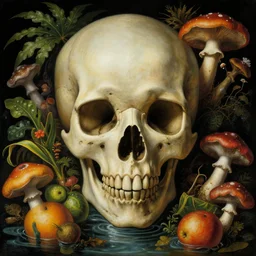 a close - up portrait of a tropical alien skull surrounded by water, colorful fruit, and mushrooms. surrealism. black background. highly detailed science - fiction fantasy painting by norman rockwell, moebius, frank frazetta, syd mead, and stanislaw fernandes. rich colors, high contrast. renaissance masterpiece. artstation