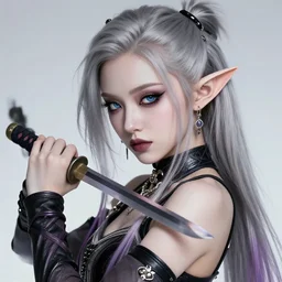 grimes with elf ears and silver hair, beautiful anime warrior, masterpiece by shikinami asuka langley, japanese anime art, incredible detail, pop star grimes, elf ears, katana