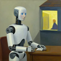 robot therapist, portrait, grant wood, pj crook, edward hopper, oil on canvas