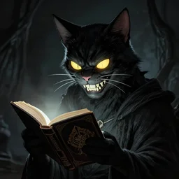 cat with an evil smile as it reads the Necronomicon, digital art, high contrast, lovecraftian, 4k
