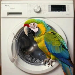 a beautiful illustration of a humanoid parrot with its head coming out of a top load washing machine, intricate, sharp focus, illustration, highly detailed, digital painting, concept art, matte, art by wlop and artgerm and greg rutkowski and alphonse mucha, masterpiece