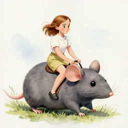 emma watson riding a giant mouse, watercolour