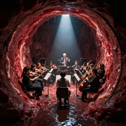 ultra wide, spotlight, conducting a symphony orchestra inside middle of dark slimy water slide tube, the walls are made of red meat, the floor is flooded, by craig mullins, ilya repin, ruan jia, photorealistic