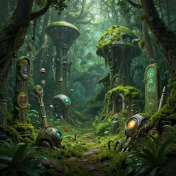 alien artifacts in the jungle, overgrown, lost alien tech, ancient alien tools and houses, lush forest, moss, glowing alien circles and monuments, alien relic, syd mead, john harris, art station