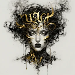 intricate calligraphy smoke ink beauty portrait, dripping black gold paint, stylized fantasy polygon art by WLOP, artgerm, peter mohrbacher, artstation