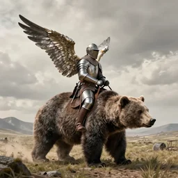 winged hussar riding a bear in acient polish armor concept, wide shot, wide angle, beksinski, ruan jia