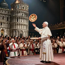 the pope tossing a pizza on stage while the whole country of italy cheers him on