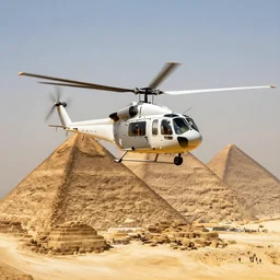 an apache helecopter flying over the great pyramids