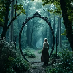 woman discovers a mirror portal in her garden. the dimensional gateway leads to a mystical forest, mikko lagerstedt, andreas aschenbach, tasha tudor