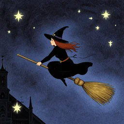halloween witch riding broom, stars. flying broom. aerial capture. illustrated by edward gorey, escher, tasha tudor