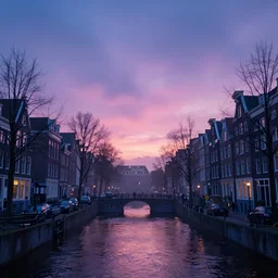amsterdam in the year 2 1 4 5. 4 k blue pink purple. haze misty sunset