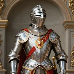 a knight wearing silver armor and helmet, red white and gold color scheme, baroque, by Michelangelo, high detail
