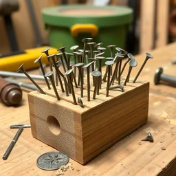 photo of a small block of wood with many bent and crooked nails stuck in it, on a workbench. nailed it.