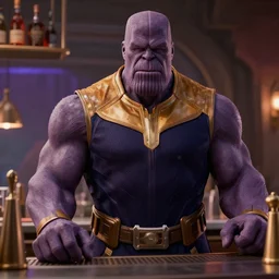 film still of Thanos as a barista in Avengers Infinity War, 4k