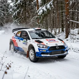 a 1 9 9 1 mazda 7 8 7 b, racing through a rally stage in a snowy forest