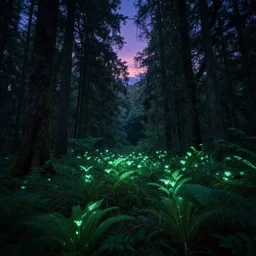a forest with glowing plants, magical, starts visible in the sky, wide shot, dramatic lighting