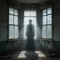 detailed photograph of intricate shadow figure standing in bay windows abandoned spooky misty ominous well defined