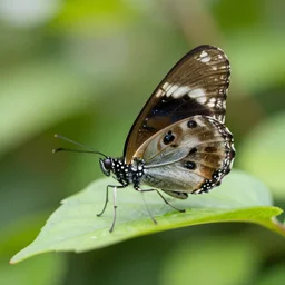a macro photo of a robotic butterfly resting on a leaf in the garden, background bokeh