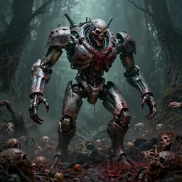 cybernetic warrior mechanical death machine of nightmares in the bog murdering it's foes, bloodlust, slaughter dead bodies piling up hyperrealism hyperdetailed hyperviolent esoterica death god ancient primordial colossal death robot cybernetic warrior 8 k