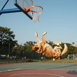 An dramatic,  iconic , awardwinning photorealistic photograph of an dog doing a slam dunk in the basketball court in the afternoon, detailed,