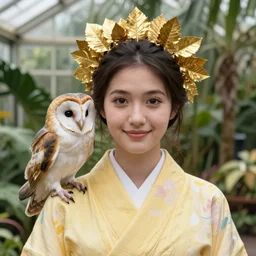portrait photograph of an extremely beautiful!!!! young female, symmetric face!, symmetric round detailed eyes!!, slight smile, natural light, wearing a yellow kimono!! with a very detailed barn owl! on her shoulder!! in a tropical greenhouse. looking at the camera!!. golden crown made of golden leaves. super resolution. extremely detailed. graflex camera!, bokeh!!!!! trending on artstation.