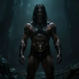 He-Man with a dark manner, centered fullest body character pose, uncut, atmospheric, dark and mysterious, shadowy and eerie character, ominous, cinematic, photorealistic, colored, rendered by Marcus Whinney