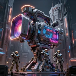 3 d sculpt of complex neon scifi digital movie camera brutalist industrial military building facade, halo, star wars, ilm, star citizen halo, mass effect, high tech industrial, artstation unreal