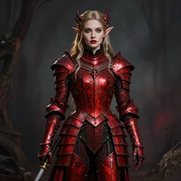 Gothic elf princess in red dragon armor by Konstantin Razumov, a square crop from top part of the full body shot